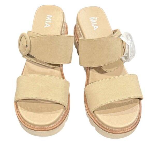 New MIA Orla Slip On Wedge Buckle Womens Chunky Tan Beige Sandals Size 11 - Picture 4 of 12